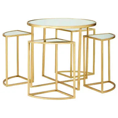 Set of 5 Champagne Gold Wood and Metal Nesting Tables with Glass Top, Farran