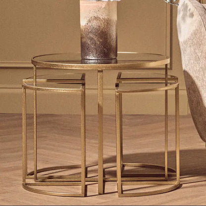 Set of 5 Champagne Gold Wood and Metal Nesting Tables with Glass Top | Farran