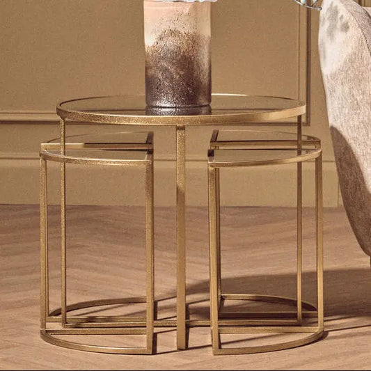 Set of 5 Champagne Gold Wood and Metal Nesting Tables with Glass Top | Farran