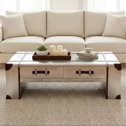 Silver Aluminium and Brown Faux Leather Finish Coffee Table with 2 Drawers, Avro