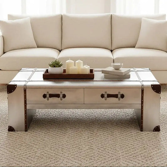 Silver Aluminium and Brown Faux Leather Finish Coffee Table with 2 Drawers, Avro