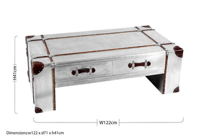 Silver Aluminium and Brown Faux Leather Finish Coffee Table with 2 Drawers, Avro