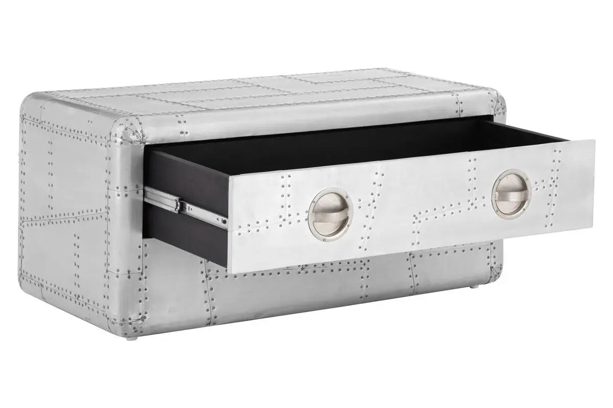Silver Aluminium Plated Mango Wood Coffee Table with Sliding Storage Drawer, Avro