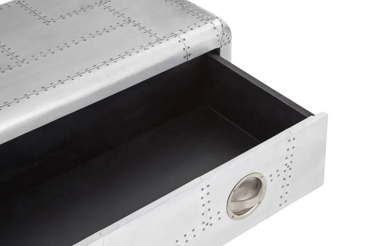 Silver Aluminium Plated Mango Wood Coffee Table with Sliding Storage Drawer, Avro