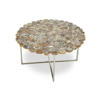Silver and Assorted Agate Stone Top Coffee Table with Stainless Steel Cross Legs, Rabia