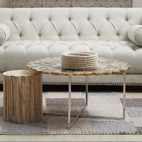 Silver and Assorted Agate Stone Top Coffee Table with Stainless Steel Cross Legs, Rabia