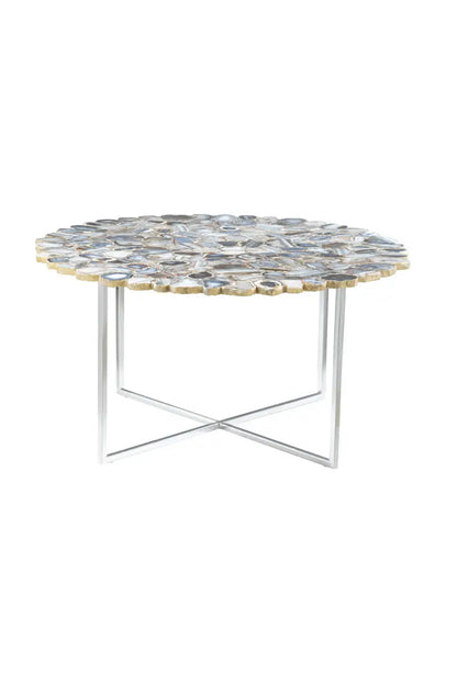 Silver and Assorted Agate Stone Top Coffee Table with Stainless Steel Cross Legs, Rabia