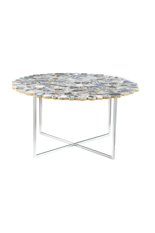 Silver and Assorted Agate Stone Top Coffee Table with Stainless Steel Cross Legs, Rabia