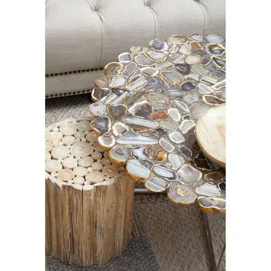 Silver and Assorted Agate Stone Top Coffee Table with Stainless Steel Cross Legs, Rabia