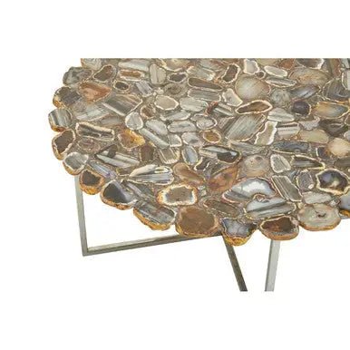 Silver and Assorted Agate Stone Top Coffee Table with Stainless Steel Cross Legs, Rabia