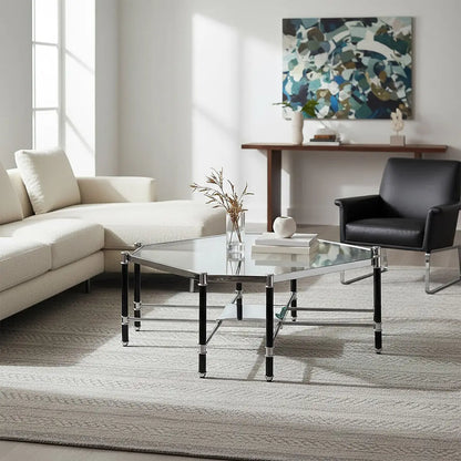 Silver and Black Metal Coffee Table with Clear Tempered Glass Top, Allessi