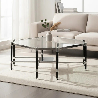 Silver and Black Metal Coffee Table with Clear Tempered Glass Top, Allessi