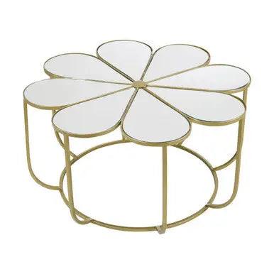 Silver and Gold Iron Frame Coffee Table with Petal Design Mirrored Top, Rabia