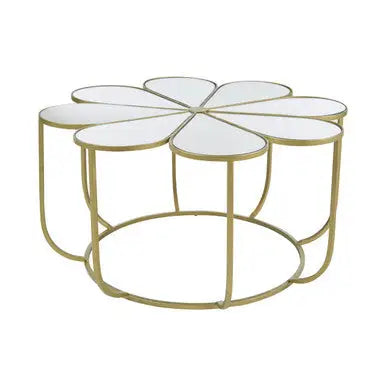 Silver and Gold Iron Frame Coffee Table with Petal Design Mirrored Top, Rabia
