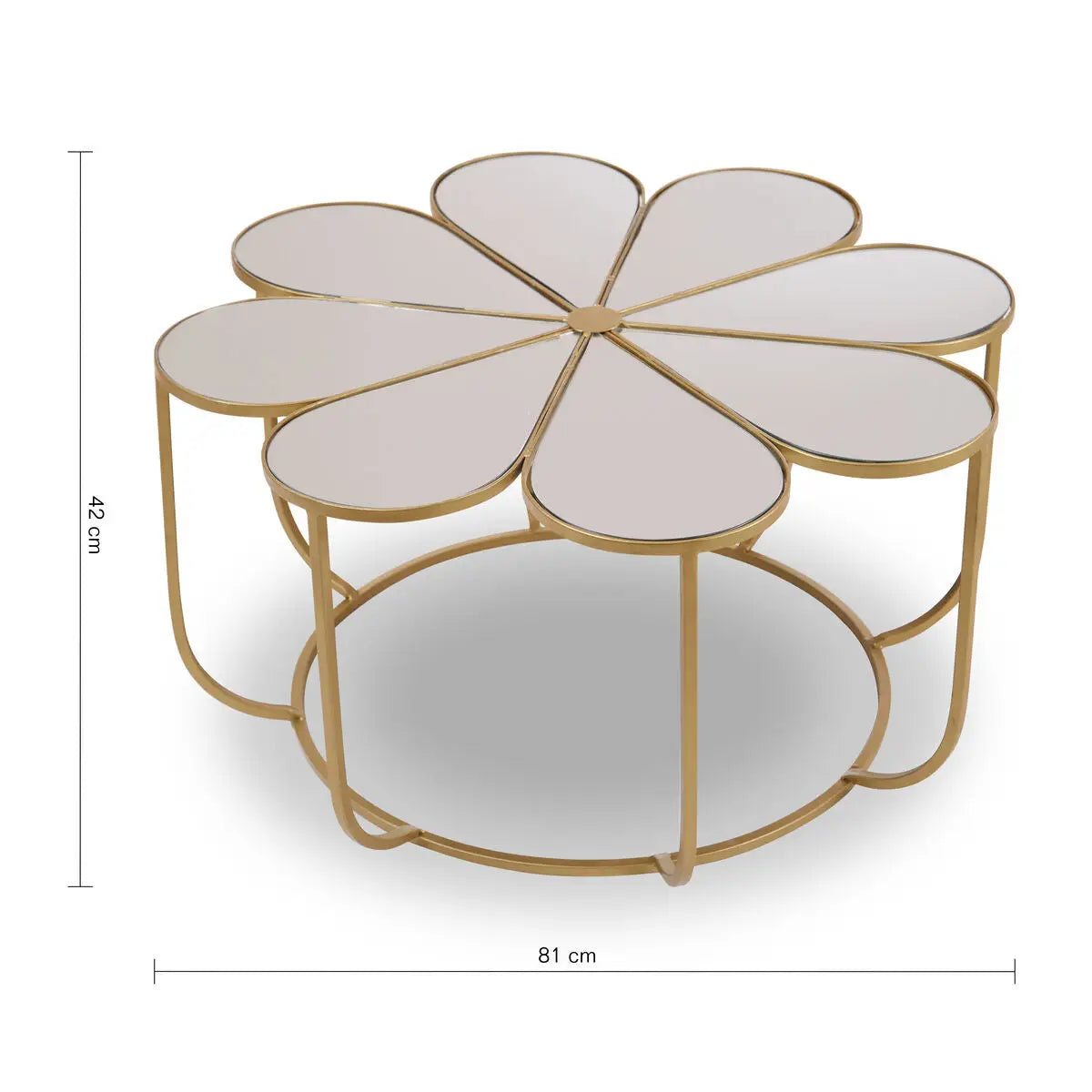 Silver and Gold Iron Frame Coffee Table with Petal Design Mirrored Top, Rabia
