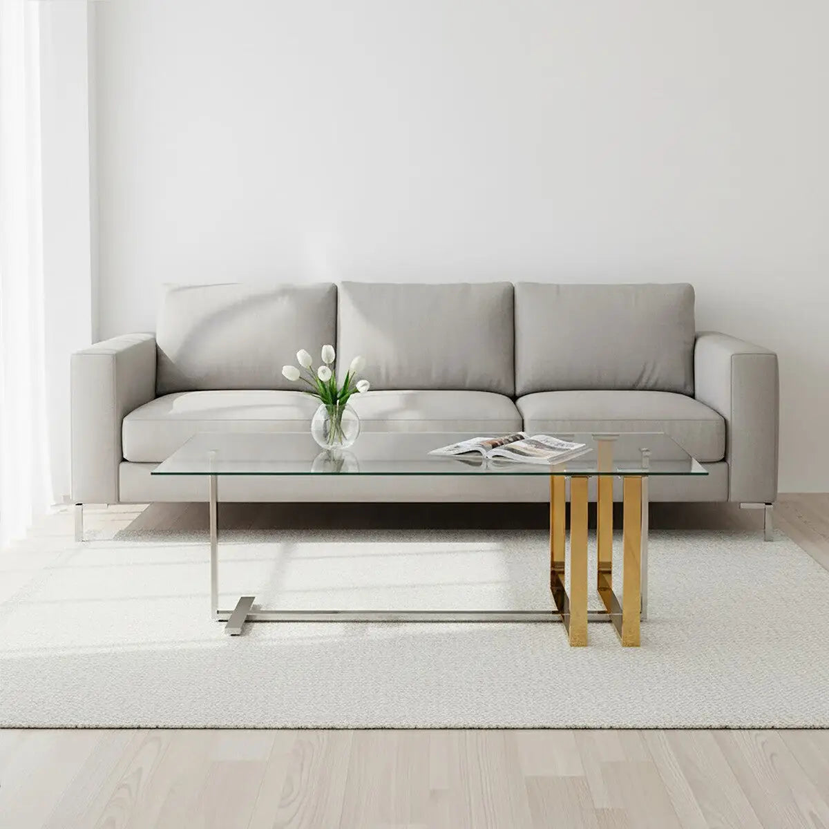 Silver and Gold Steel Frame Coffee Table with Glass Top, Alvea