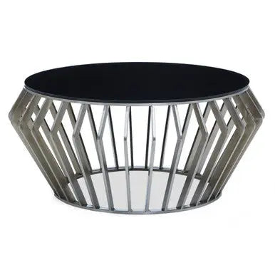 Silver Base Round Coffee Table with Black Glass Top, Ackley