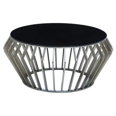 Silver Base Round Coffee Table with Black Glass Top, Ackley