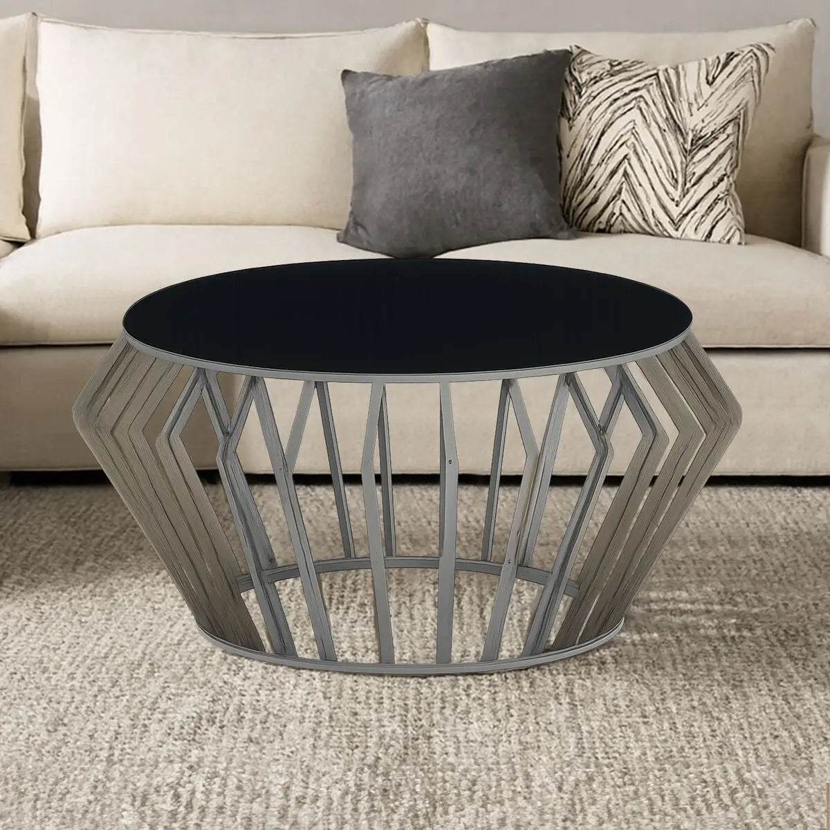 Silver Base Round Coffee Table with Black Glass Top, Ackley