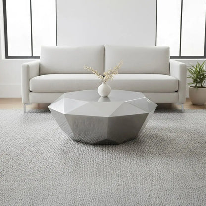 Silver Diamond Cut Stainless Steel Coffee Table with Hexagonal Tabletop, Allure