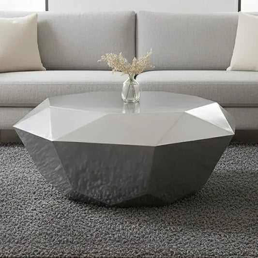 Silver Diamond Cut Stainless Steel Coffee Table with Hexagonal Tabletop, Allure