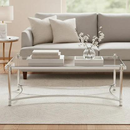 Silver Finish Base Coffee Table with Clear Glass Top, Ackley