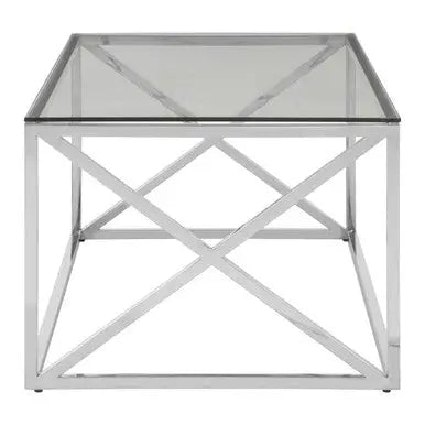 Silver Finish Coffee Table with Cross Frame and Tempered Glass Top, Allure