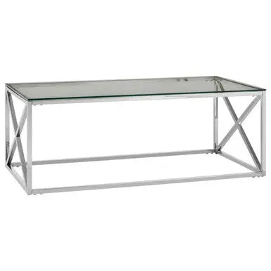 Silver Finish Coffee Table with Cross Frame and Tempered Glass Top, Allure