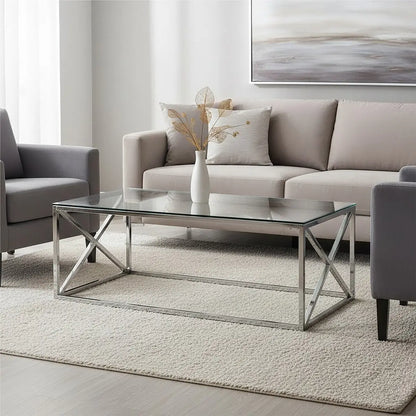 Silver Finish Coffee Table with Cross Frame and Tempered Glass Top, Allure