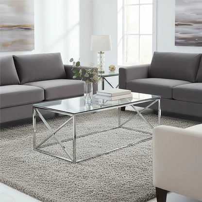 Silver Finish Coffee Table with Cross Frame and Tempered Glass Top, Allure