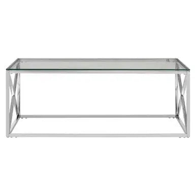 Silver Finish Coffee Table with Cross Frame and Tempered Glass Top, Allure
