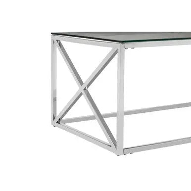 Silver Finish Coffee Table with Cross Frame and Tempered Glass Top, Allure