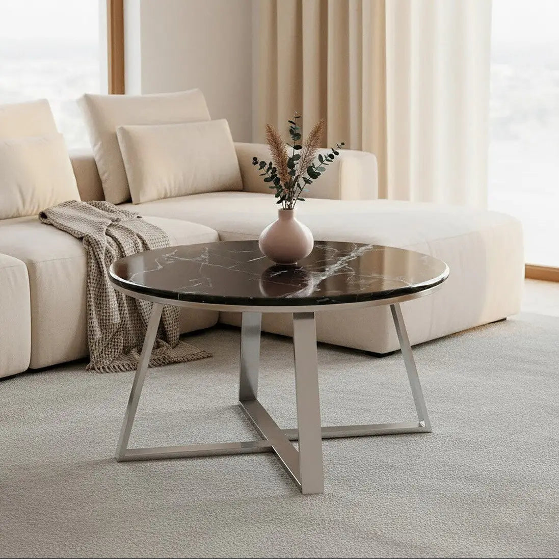 Silver Finish Frame Coffee Table with Round Black Marble Top, Alvaro