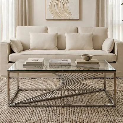 Silver Finish Steel Frame Coffee Table with Glass Top, Amella