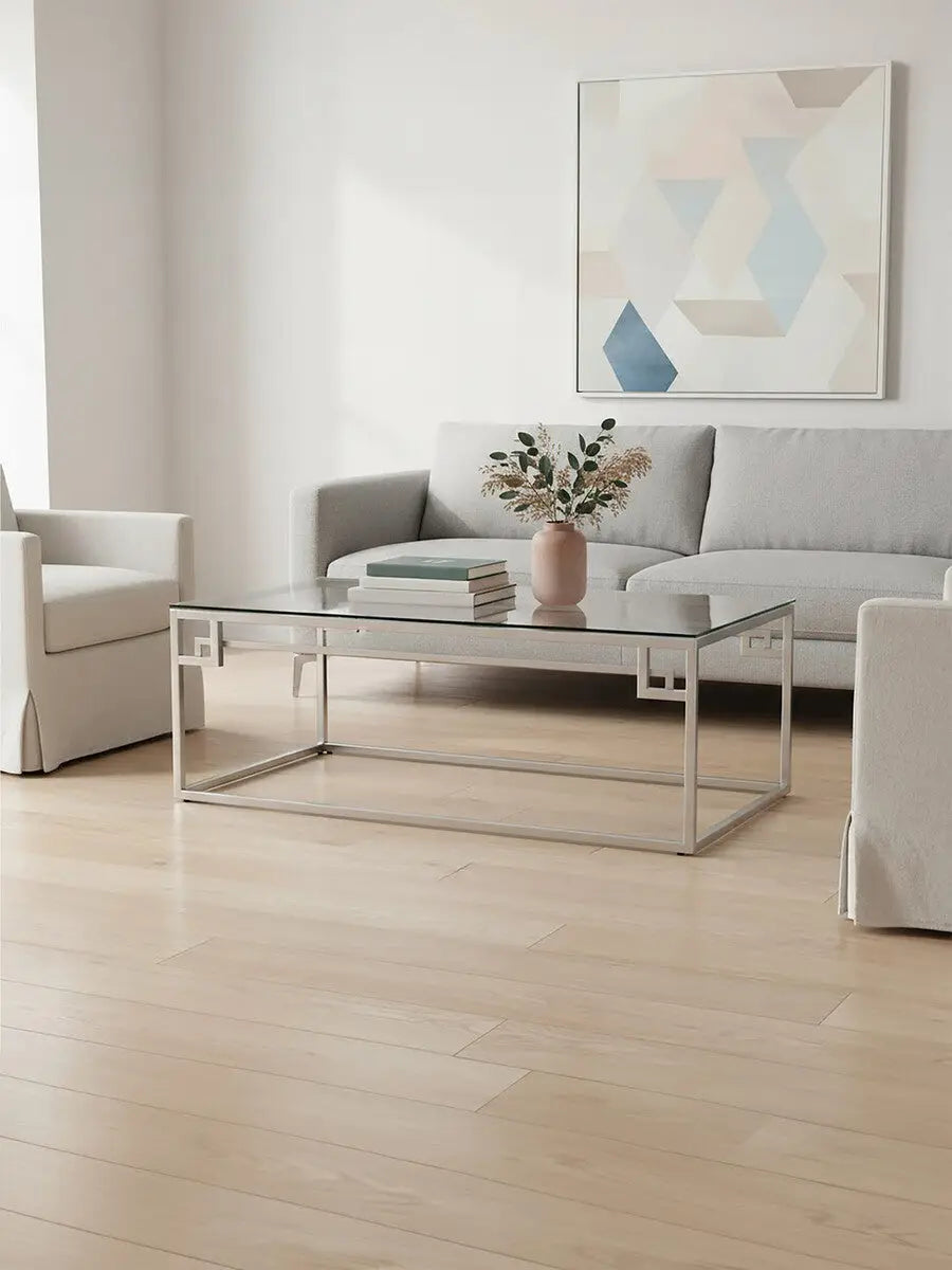 Silver Geometric Rectangular Coffee Table with Tempered Glass Top, Allure