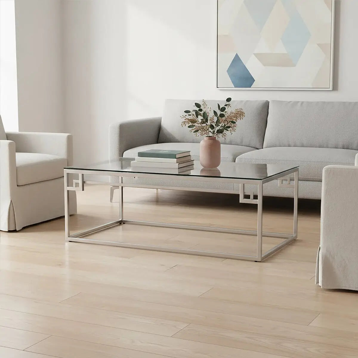 Silver Geometric Rectangular Coffee Table with Tempered Glass Top, Allure
