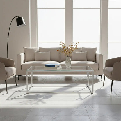 Silver Geometric Rectangular Coffee Table with Tempered Glass Top, Allure
