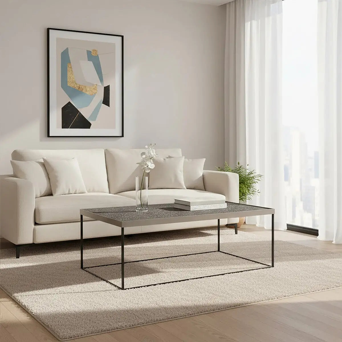 Silver Metal Rectangular Top Coffee Table with Black Interconnected Legs, Akola