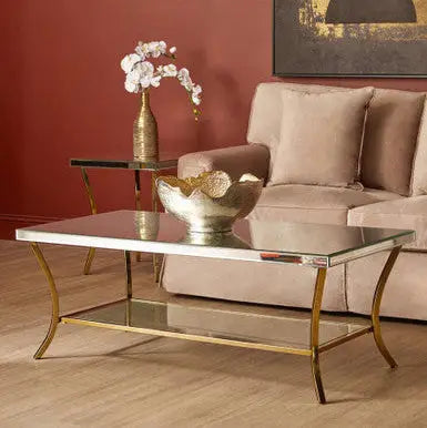 Silver Mirrored Top Coffee Table with Gold Metal Curved Legs, Kensington Townhouse