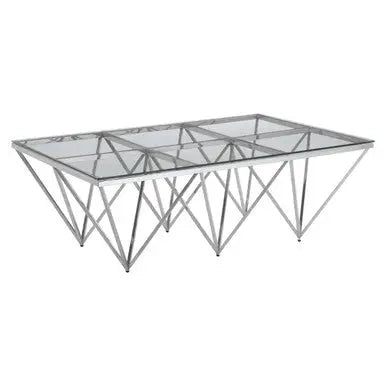 Silver Prismatic Base Coffee Table with Clear Glass Top and 6 Pincer Style Legs, Allure