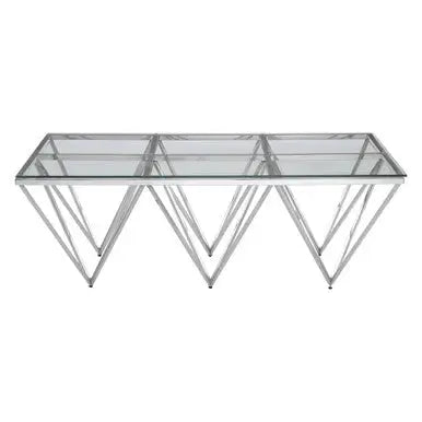 Silver Prismatic Base Coffee Table with Clear Glass Top and 6 Pincer Style Legs, Allure