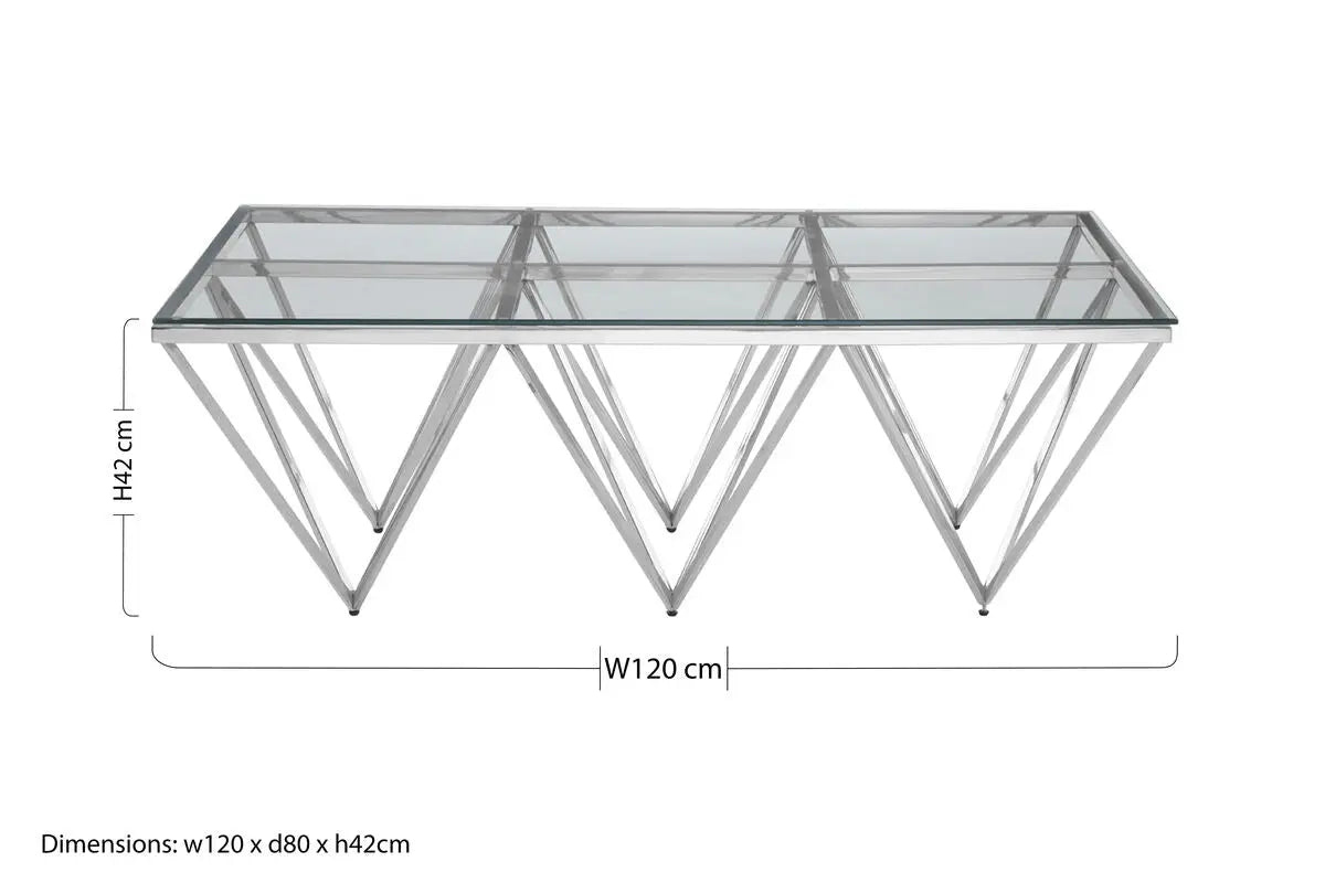 Silver Prismatic Base Coffee Table with Clear Glass Top and 6 Pincer Style Legs, Allure