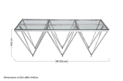Silver Prismatic Base Coffee Table with Clear Glass Top and 6 Pincer Style Legs, Allure