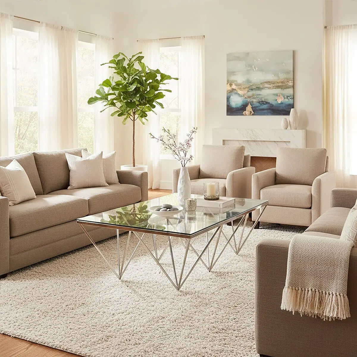 Silver Prismatic Base Coffee Table with Clear Glass Top and 6 Pincer Style Legs, Allure