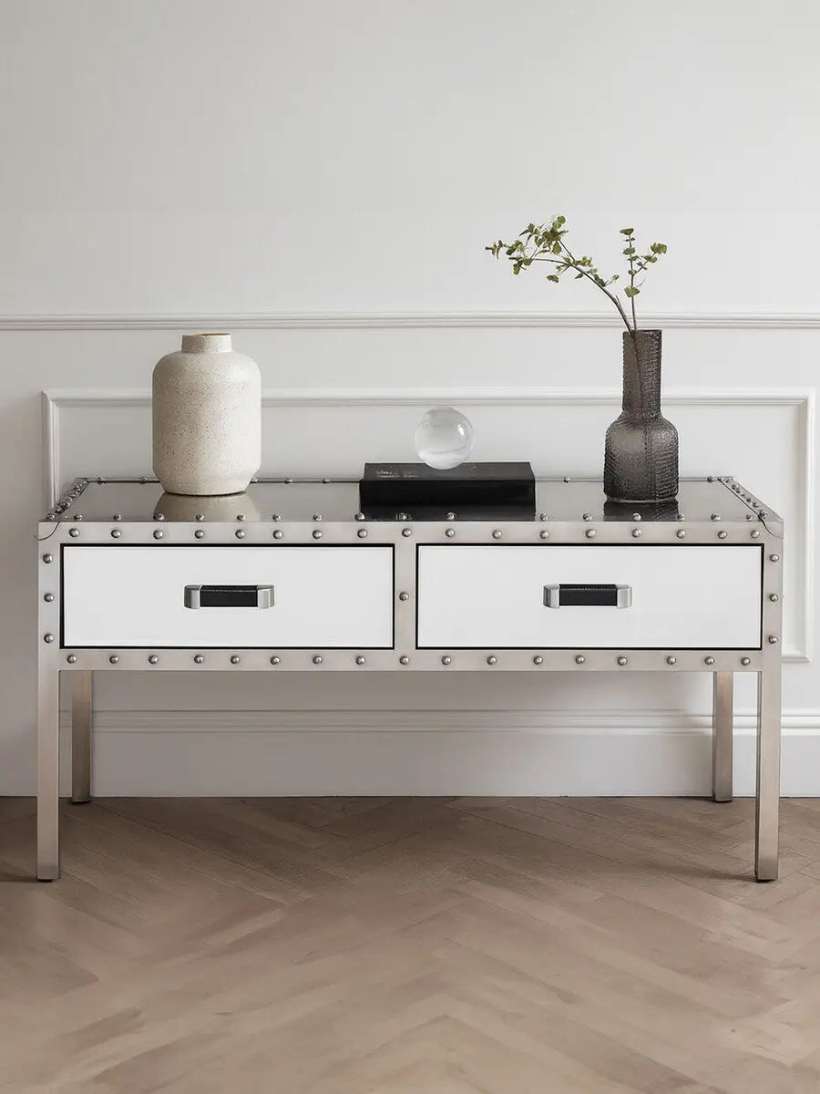 Silver Rectangular Storage Coffee Table in Metal and Glass, Rivet
