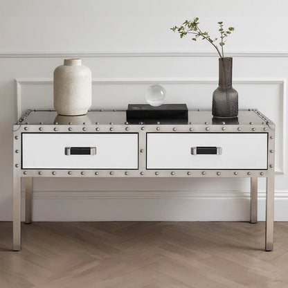 Silver Rectangular Storage Coffee Table in Metal and Glass, Rivet