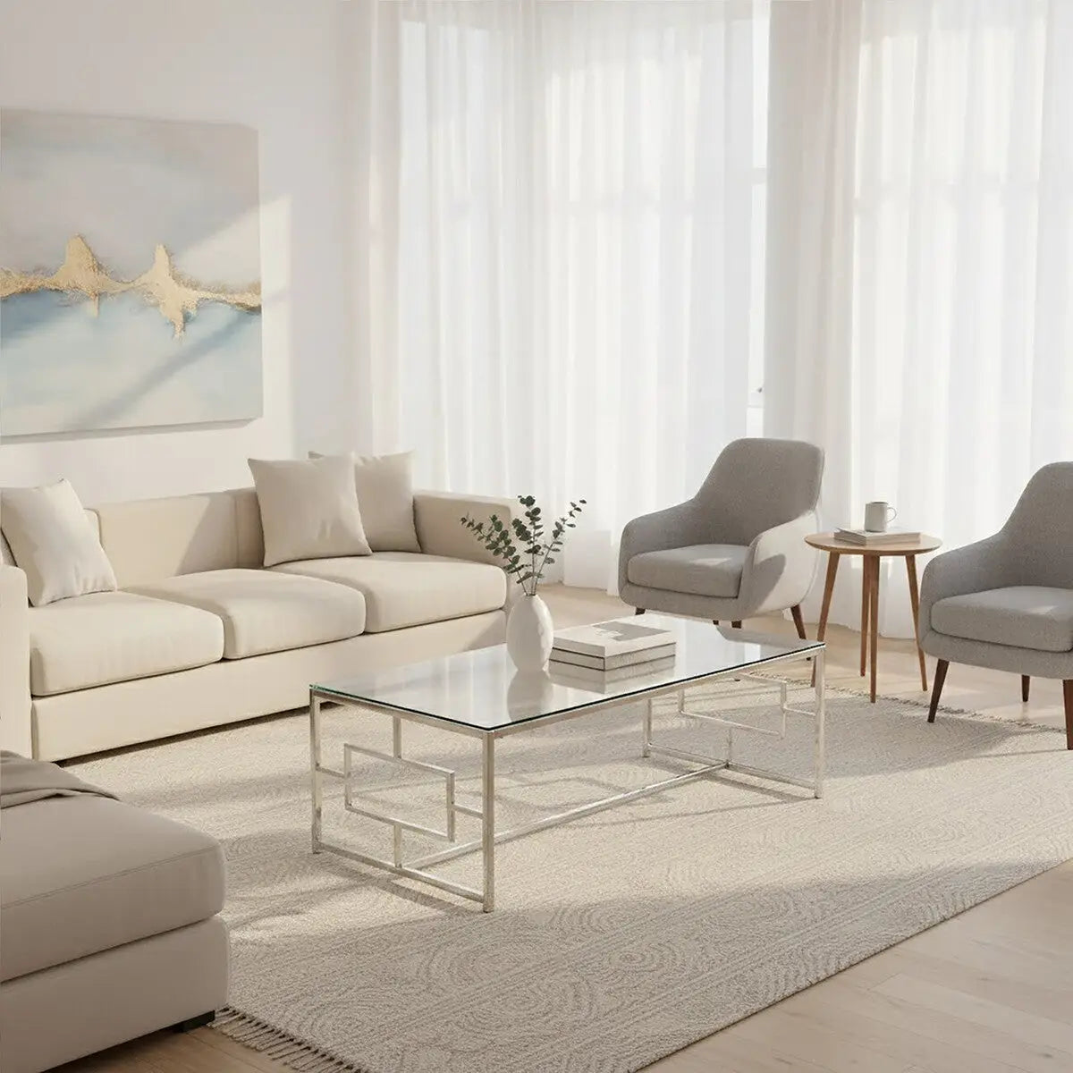 Silver Reflective Frame Coffee Table with Clear Tempered Glass Top, Allure