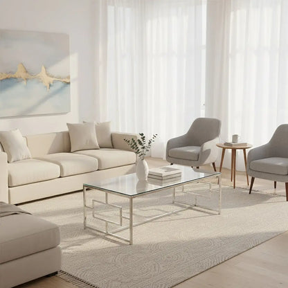 Silver Reflective Frame Coffee Table with Clear Tempered Glass Top, Allure