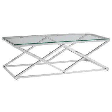 Silver Reflective Stainless Steel Coffee Table with Clear Tempered Glass Top, Allure