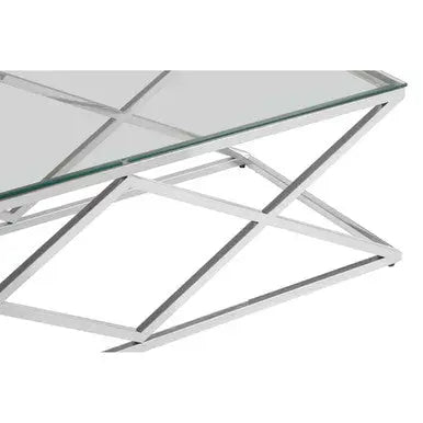 Silver Reflective Stainless Steel Coffee Table with Clear Tempered Glass Top, Allure